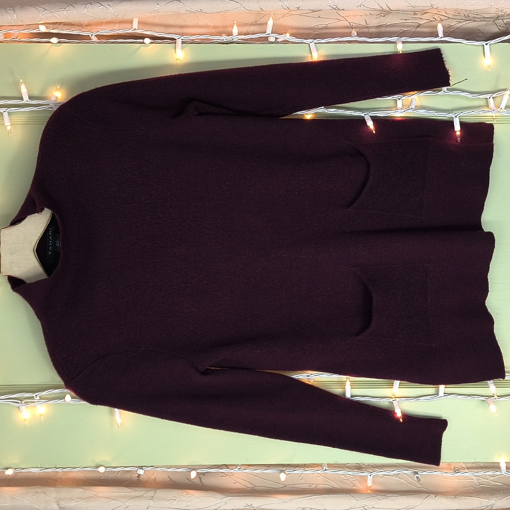 Women's Tahari merlot wine mockneck 2 pocket merino Wool Sweater S